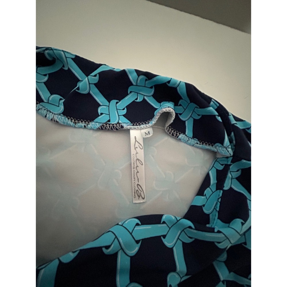 Lulu-B Navy Turquoise Geometric Link Print Sleeveless V-Neck Top Medium - Picture 3 of 5